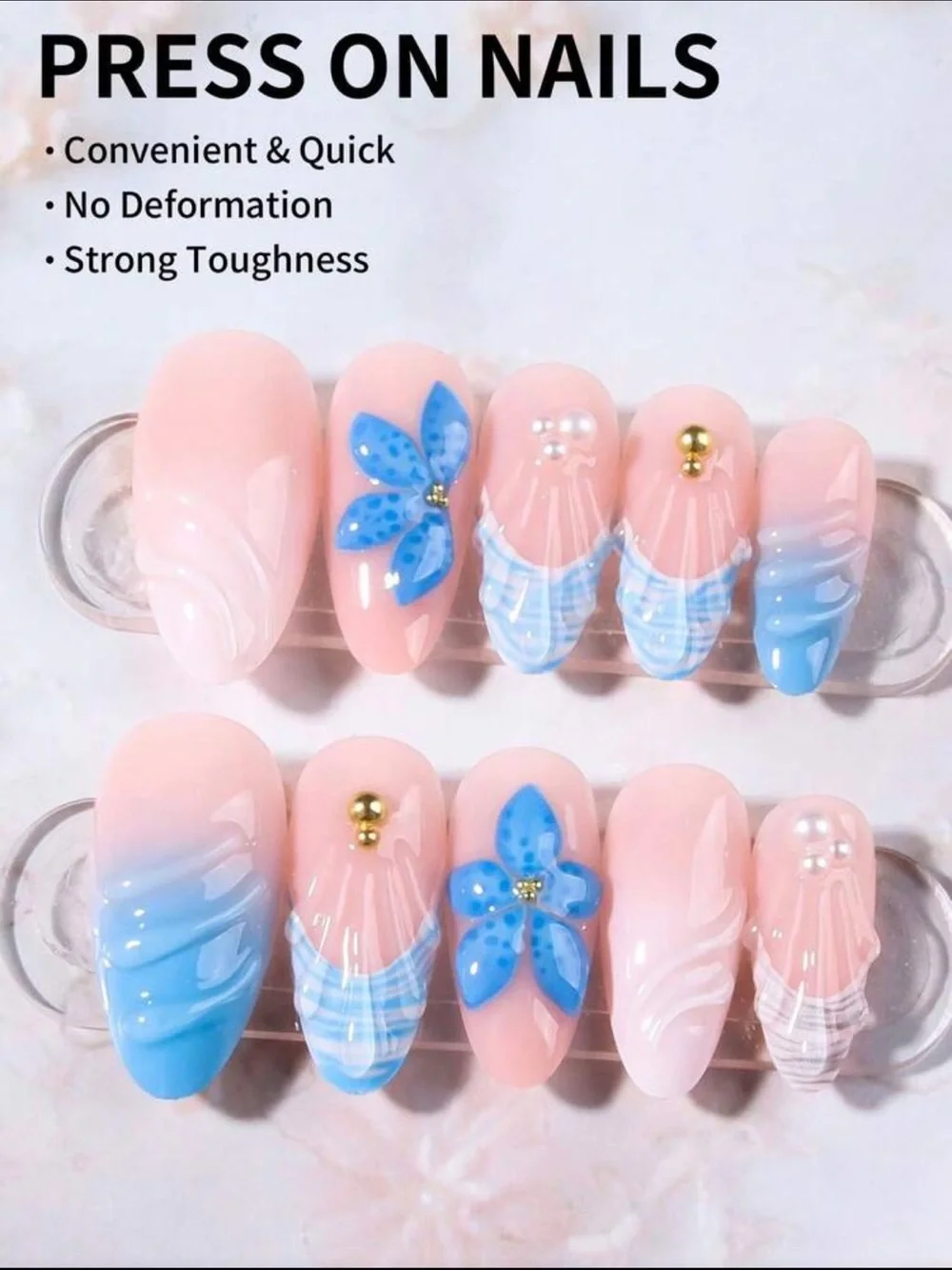 Blue Floral & Shell Almond Shaped Press On Nails
